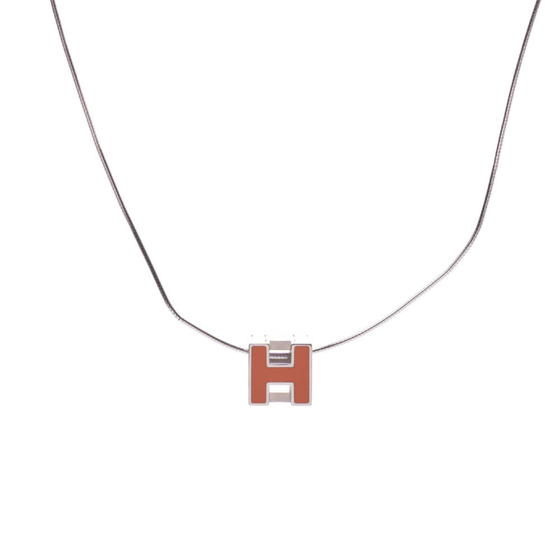 HERMES エルメス Hキューブ オレンジ シルバー金具 レディース SV ネックレス Aランク 中古 銀蔵