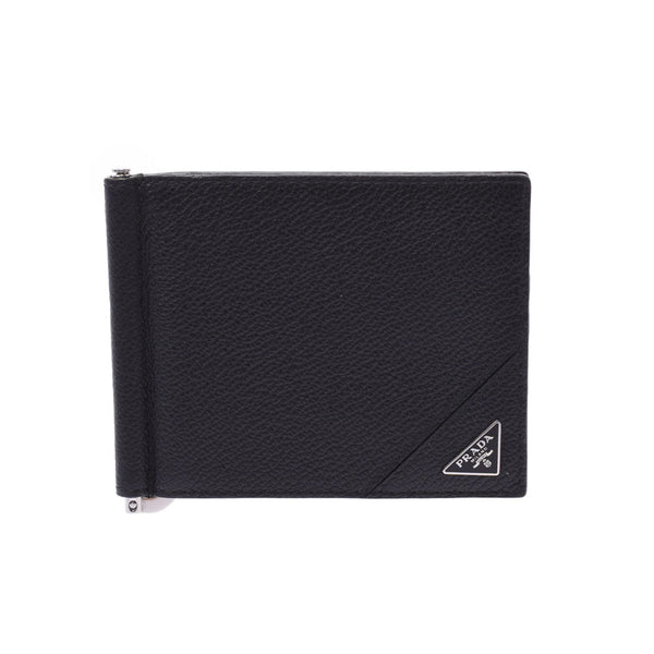 PRADA Prada Two-folded wallpaper outlet black × Silver bracket 2MN077 Men's Leather wallet New Sanko
