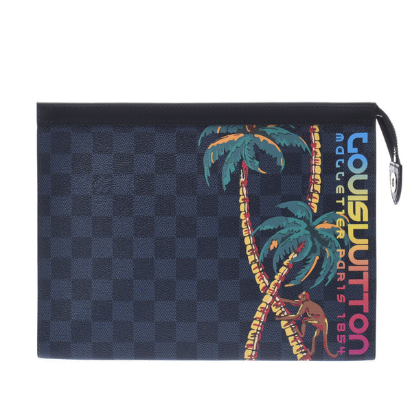 路易威登路易威登Damier Cobalt Pochette Voyage MM Black / Navy N63510男士Duma Eco Barl Canvas离合器袋A-Rank使用水池