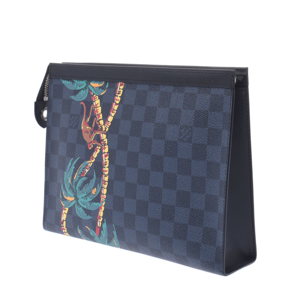 路易威登路易威登Damier Cobalt Pochette Voyage MM Black / Navy N63510男士Duma Eco Barl Canvas离合器袋A-Rank使用水池