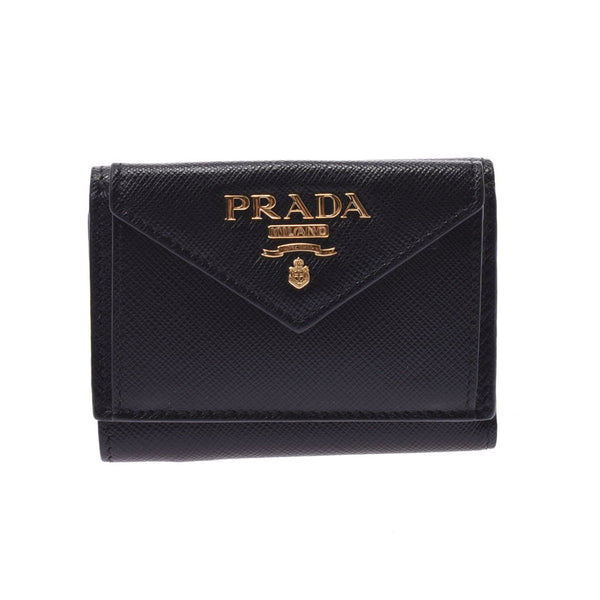 Prada Prada compact wallet black gold hardware Unisex Satin ANO