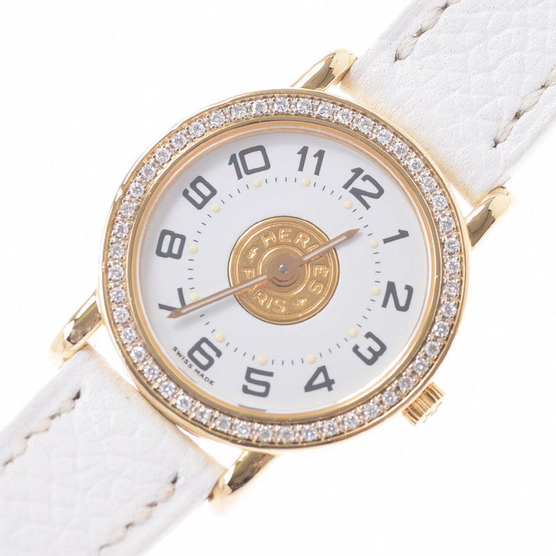 HERMES Hermes Serie Besel Diamond Ladies YG/Leather Watch Quartz White Dial A Rank used Ginzo