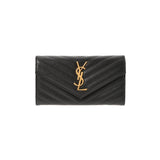 SAINT LAURENT Saint Laurent Fastener Black Gold Bracket Unisex Leather Long Wallet AB Rank used Ginzo