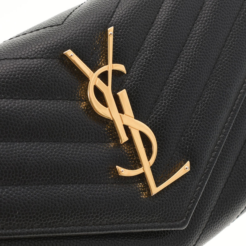 SAINT LAURENT Saint Laurent Fastener Black Gold Bracket Unisex Leather Long Wallet AB Rank used Ginzo