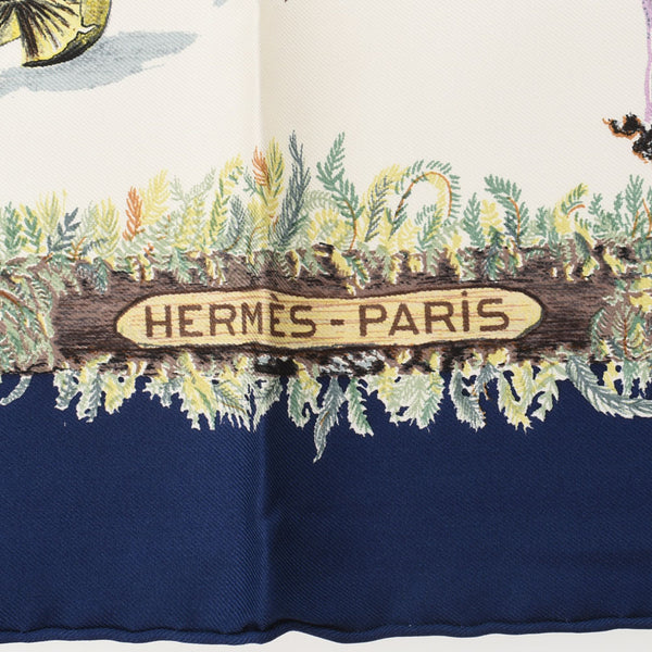 HERMES Hermes Care 90 Mushroom pattern Navy/White Ladies Silk 100 % Scarf A Rank used Ginzo