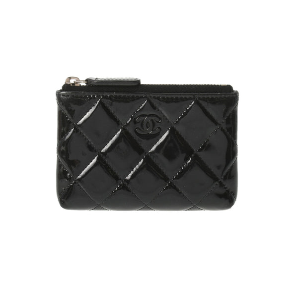 CHANEL シャネル ロゴ 黒 シルバー金具 レディース エナメル コインケース ABランク 中古 銀蔵