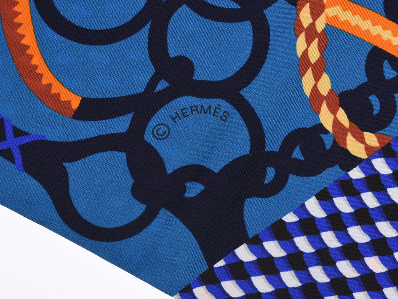 HERMES 爱马仕·马西里·莫尔·埃托雷斯 2018 秋冬系列 蓝色/橙色/白色女士丝绸 100% 围巾