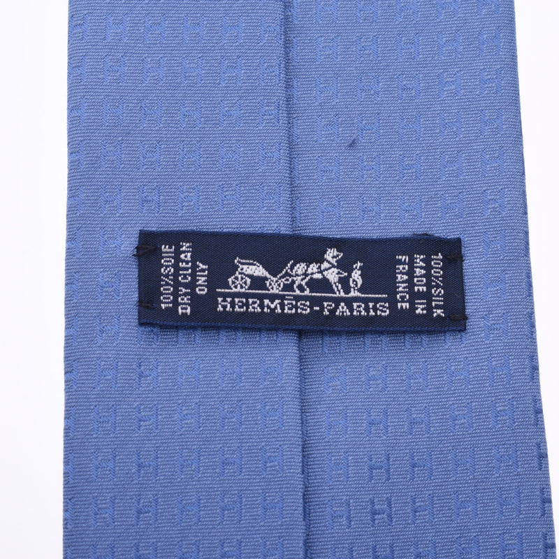 HERMES H pattern light blue men's 100% silk tie new silver