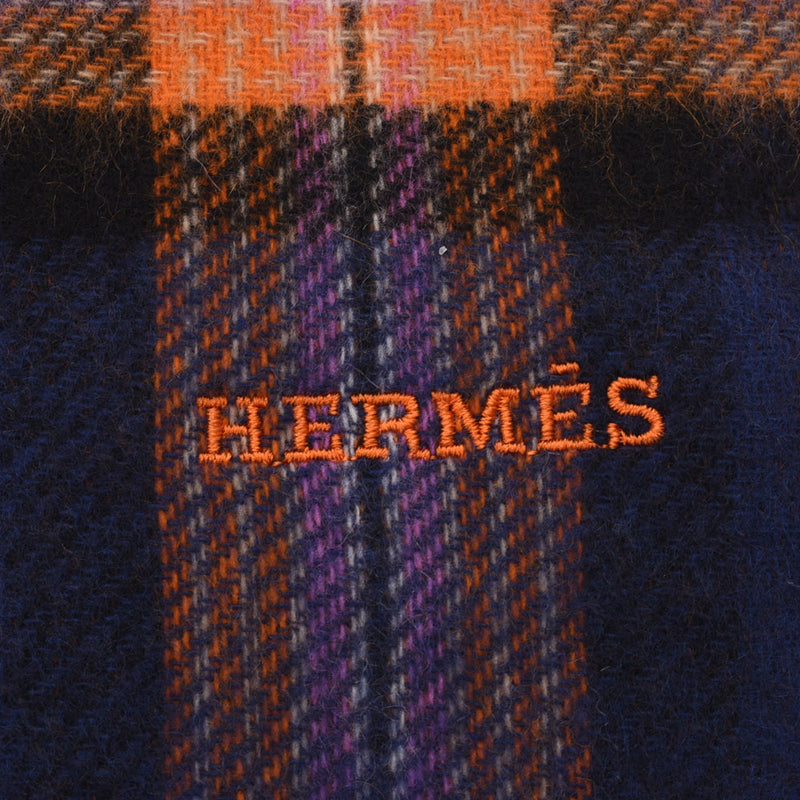 100% of HERMES Hermes checked pattern orange / blue unisex cashmere mufflers