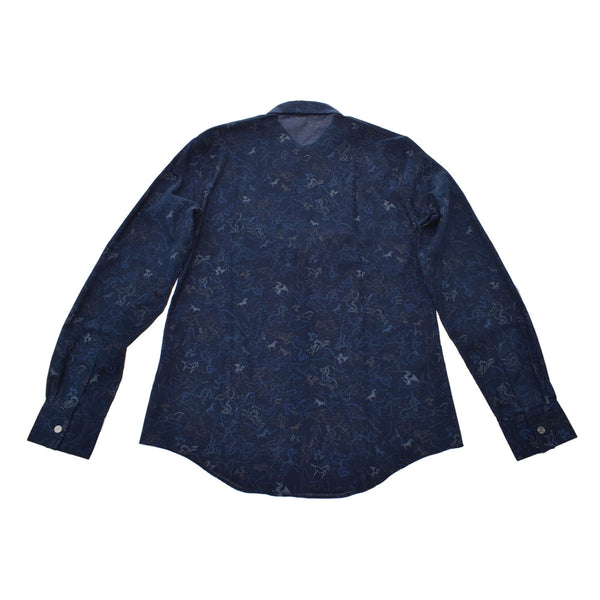 HERMES Horse/Dragon Pattern Navy Blue Size M Men's 100% Cotton Long Sleeve Shirt New Ginzo