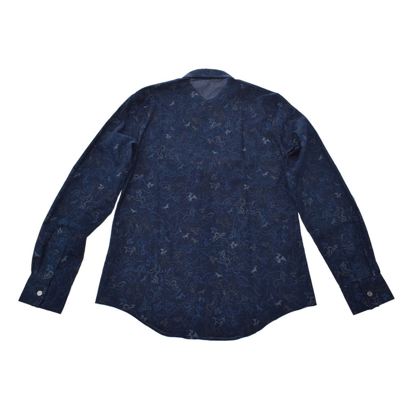 HERMES马/龙图案藏青色M男士100％纯棉长袖衬衫New Ginzo