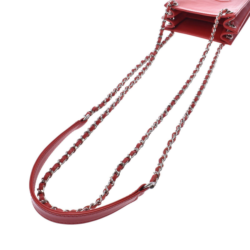 CHANEL Coco mark chain pochette red silver metal fittings ladies enamel shoulder bag B rank used silver store