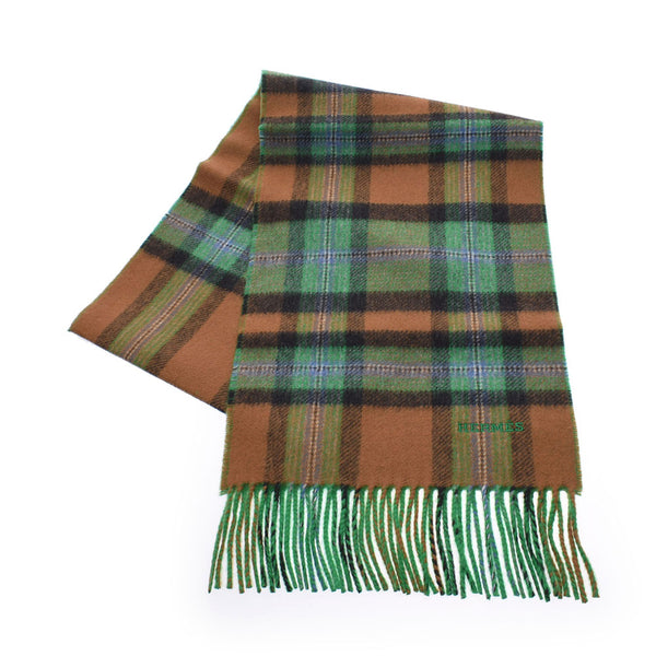 HERMES plaid green/beige/light blue unisex 100% cashmere scarf new silver store