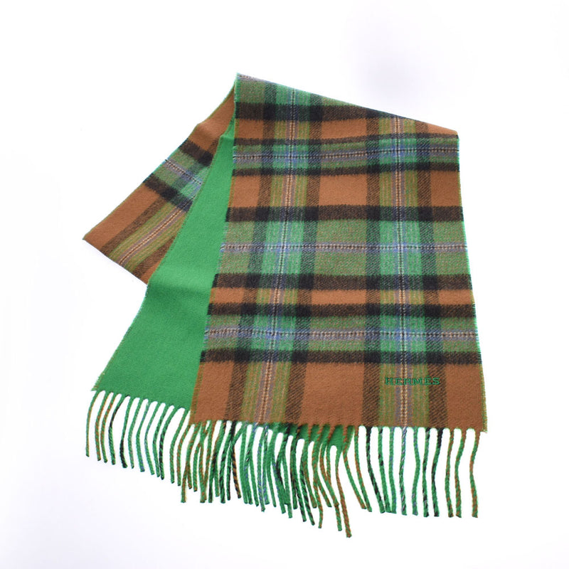 HERMES plaid green/beige/light blue unisex 100% cashmere scarf new silver store