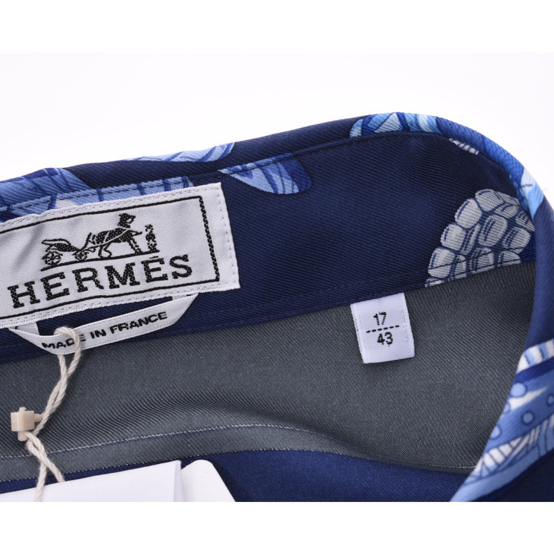 HERMES エルメス メンズシルクシャツ 柄入り サイズ43 紺 メンズ シルク100% 長袖シャツ 新品 銀蔵