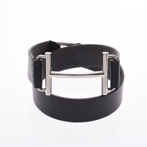 HERMES black silver metal fittings C engraved (around 2018) unisex leather bracelet new silver