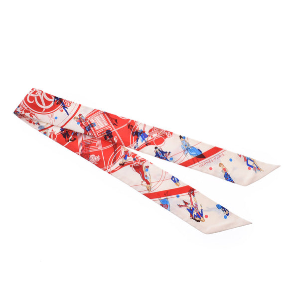 HERMES Hermes Twilly Ecclith Parisienne/Ex-Libris Les Parisiennes White/Red/Blue Women's Silk Scarf New Ginzo