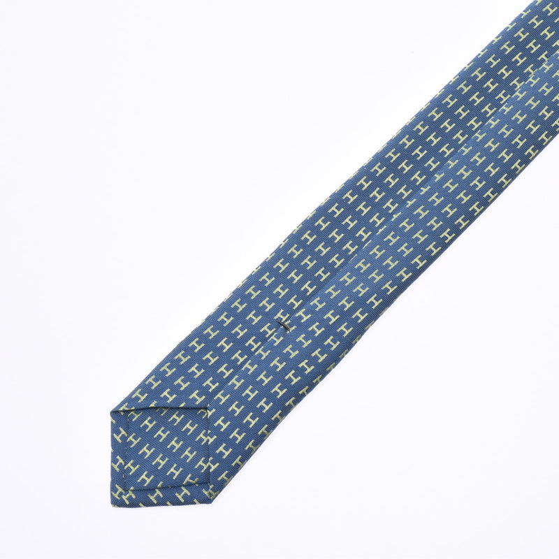 HERMES Hermes H pattern Blue Jean/Lime Men's Silk 100% Tie New Ginzo