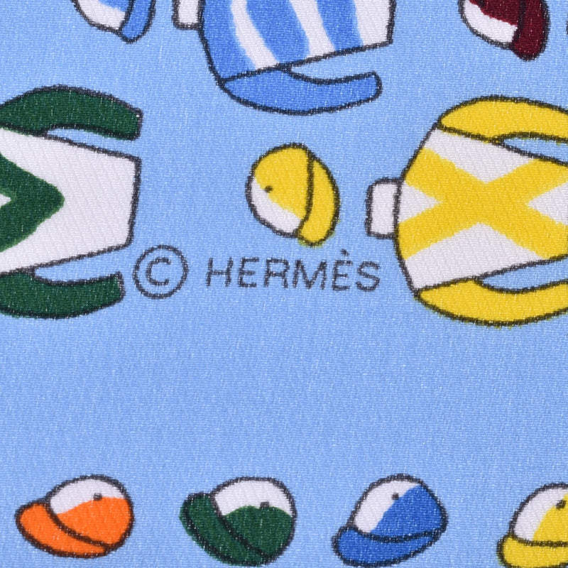 HERMES エルメス ポケットチーフ ジョッキーアイテム柄/TOQUES ET CASAQUES 水色 レディース シルク100% 新品 銀蔵