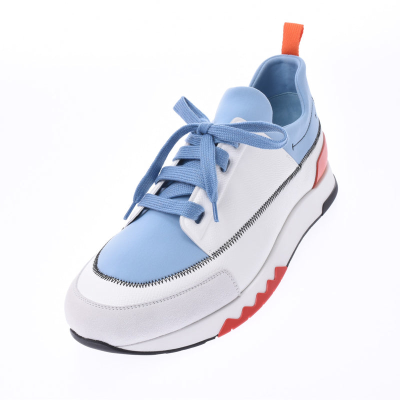 HERMES Stadium Size 42 1/2 White/Light Blue Men's Leather/Canvas Sneakers New Ginzo
