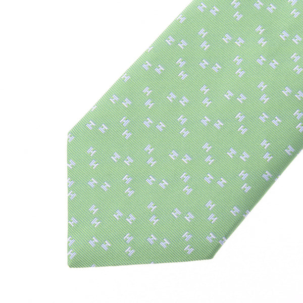 HERMES digital H pattern light green system men's 100% silk tie new silver