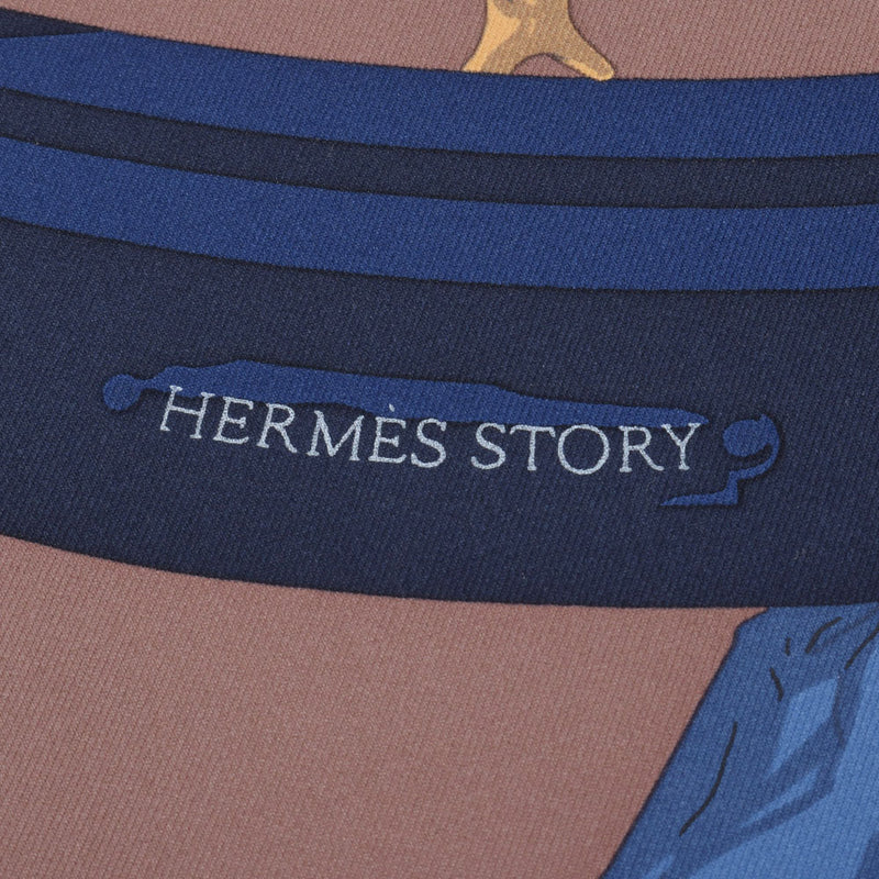 HERMES Hermes Care 90 HERMES STORY Brown/Navy Ladies Silk 100 % Scarf New Ginzo
