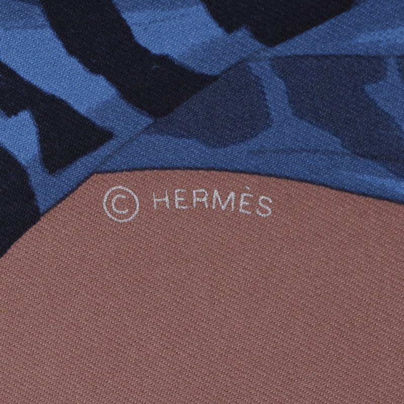 HERMES Hermes Care 90 HERMES STORY Brown/Navy Ladies Silk 100 % Scarf New Ginzo