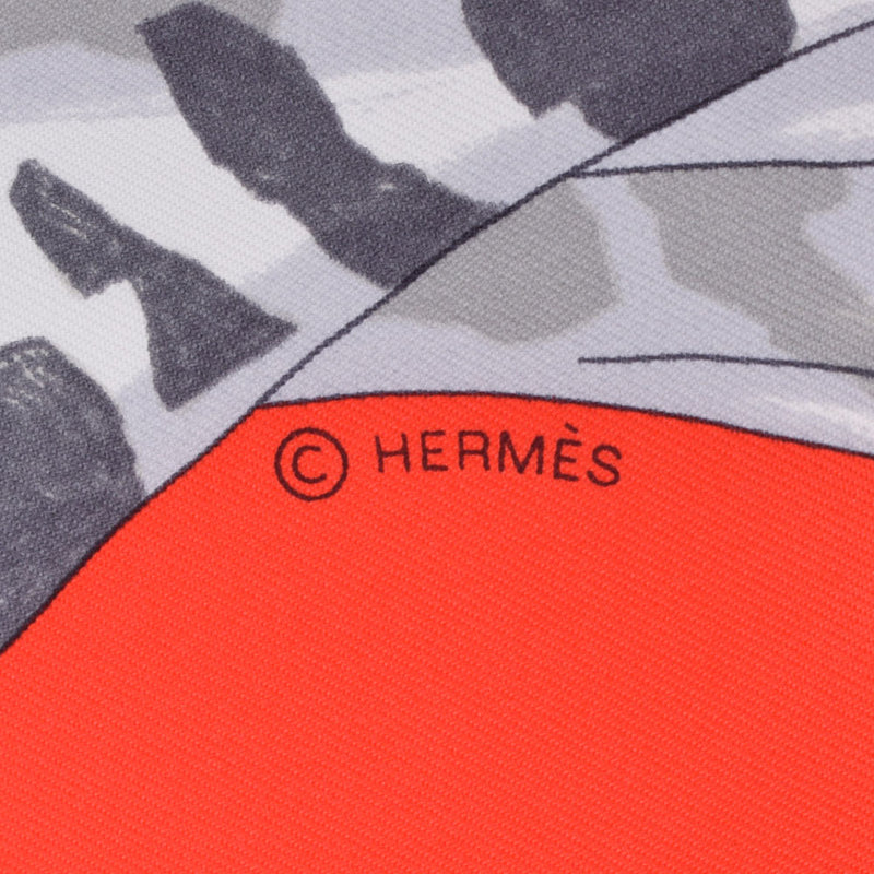HERMES Hermes Care 90 HERMES STORY Red/Gray Ladies Silk 100 % Scarf New Ginzo