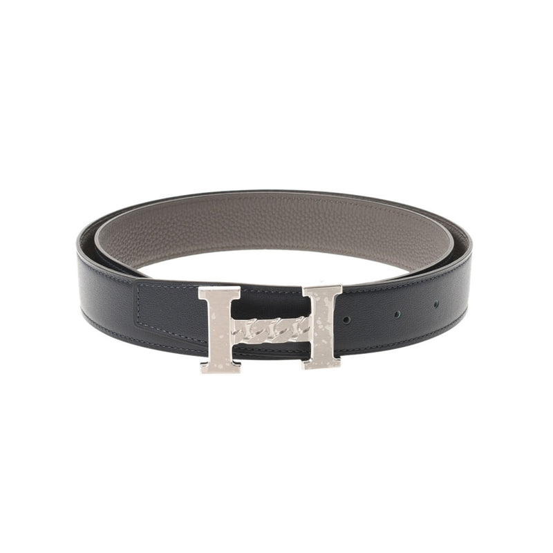 [Father's Day 100,000 or less] Ginzo New Hermes H Berpo Chain Sculpture 95cm Reversible U engraved (around 2022) Navy/Gray Silver metal leather belt