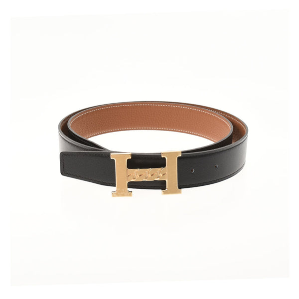 [Father's Day 100,000 or less] Ginzo New Hermes H Berpo Chain Sculpture 95cm Reversible Z engraved (around 2021) Black/Gold Gold Bracket Leather Belt