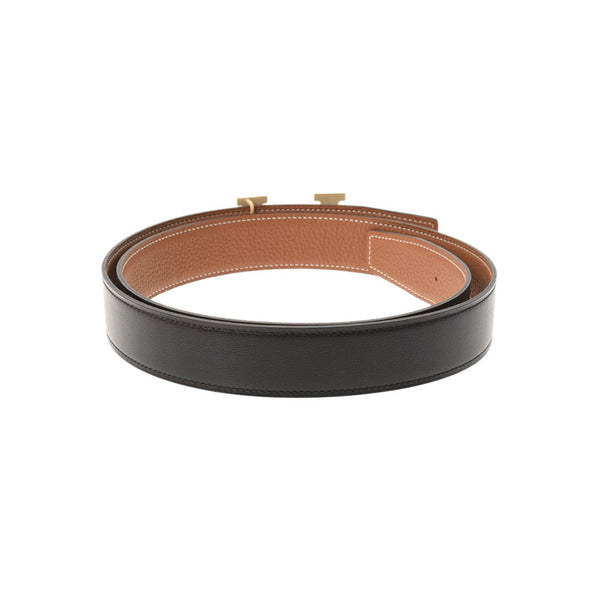 [Father's Day 100,000 or less] Ginzo New Hermes H Berpo Chain Sculpture 95cm Reversible Z engraved (around 2021) Black/Gold Gold Bracket Leather Belt