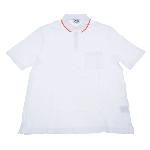HERMES HERMES MEN'S PORO SHIERT鞍式缝制短袖白色/橙色尺寸XL男士棉100％Polo衬衫新金佐