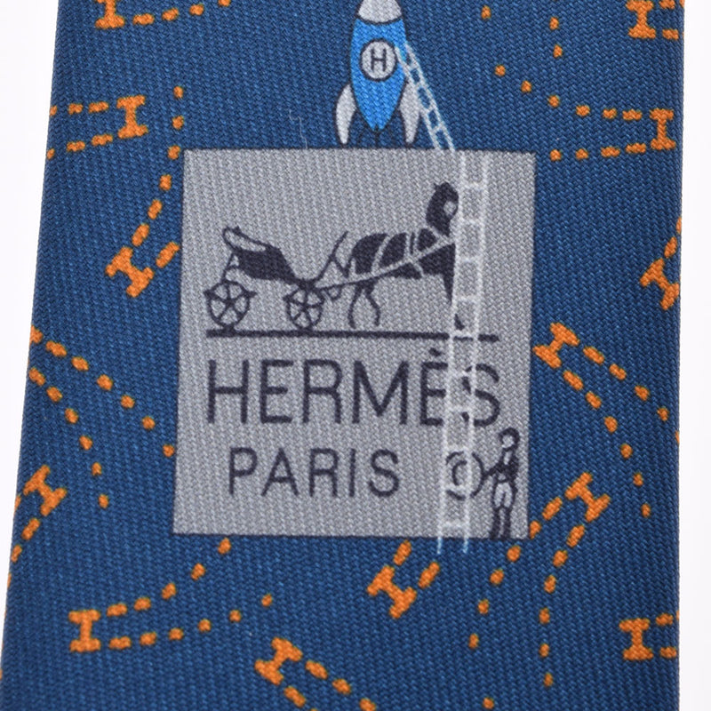 HERMES エルメス Hフィラン ブルー/オレンジ メンズ シルク100％ ネクタイ 新品 銀蔵