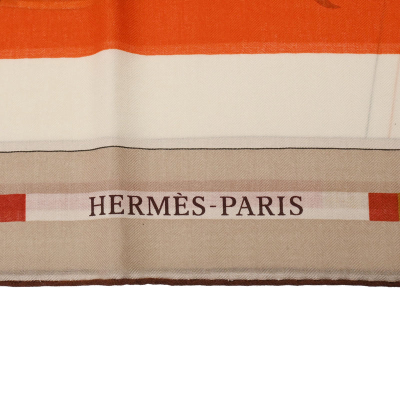 HERMES エルメス カレ140 VOITURES EN EQUILIBRE ブラン/オレンジ/ジョーヌ レディース カシミヤ70％/シルク30% スカーフ 新品 銀蔵